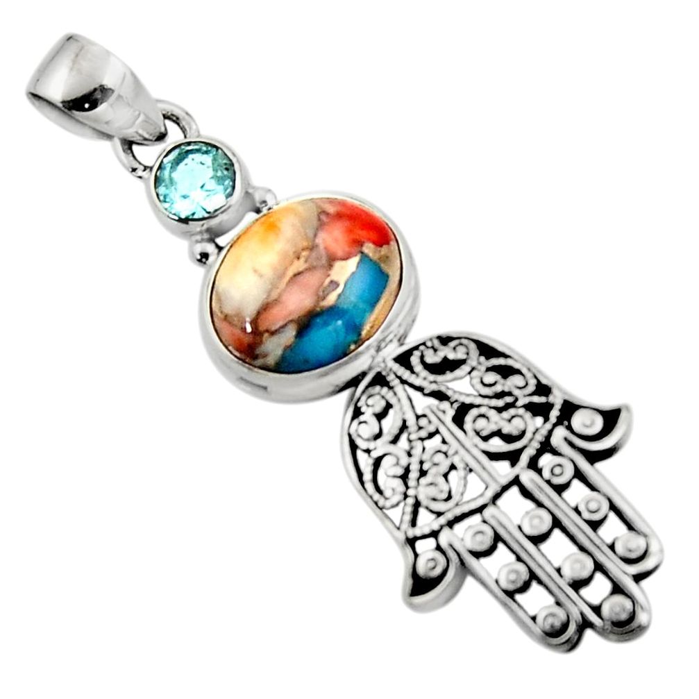 6.16cts spiny oyster arizona turquoise silver hand of god hamsa pendant r52790