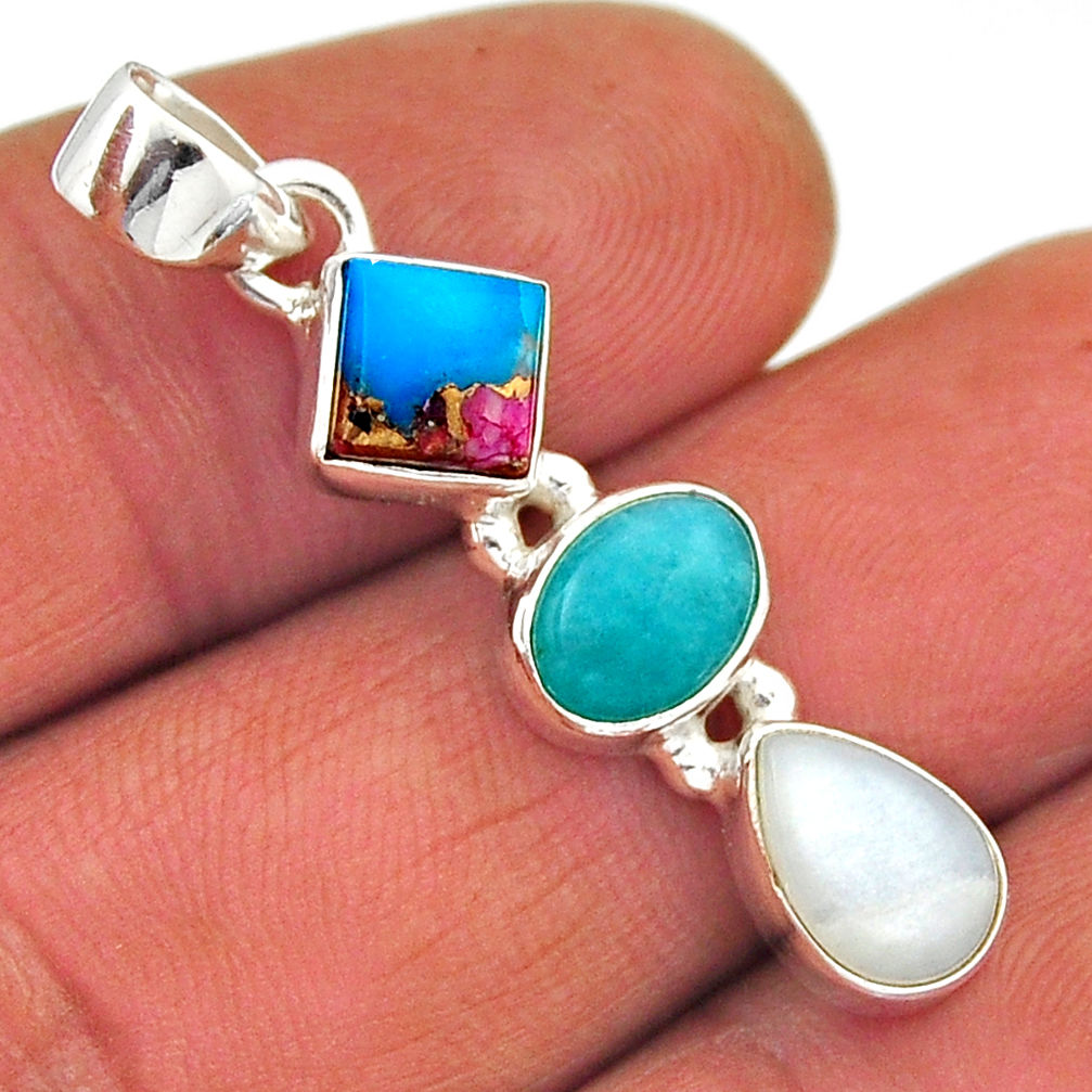 6.27cts spiny oyster arizona turquoise square moonstone silver pendant n17692