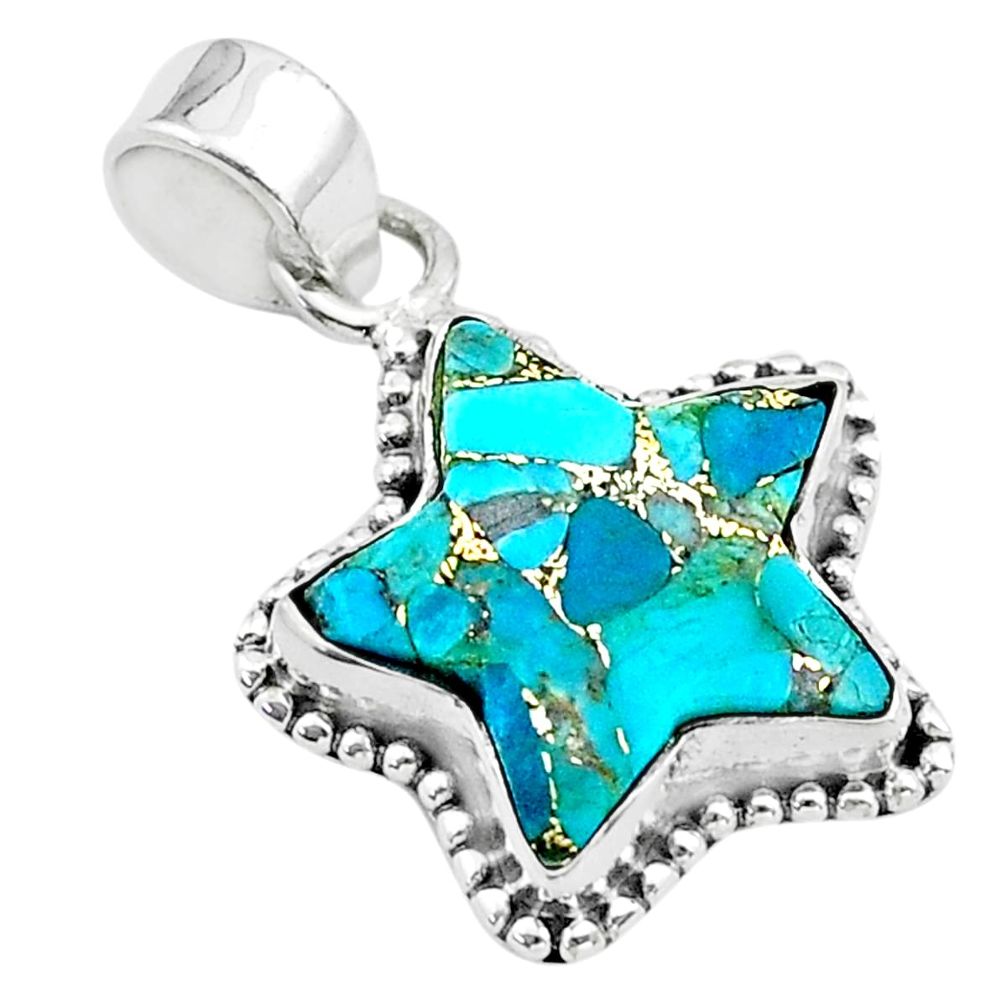 6.57cts star blue copper turquoise 925 sterling silver pendant jewelry t50673