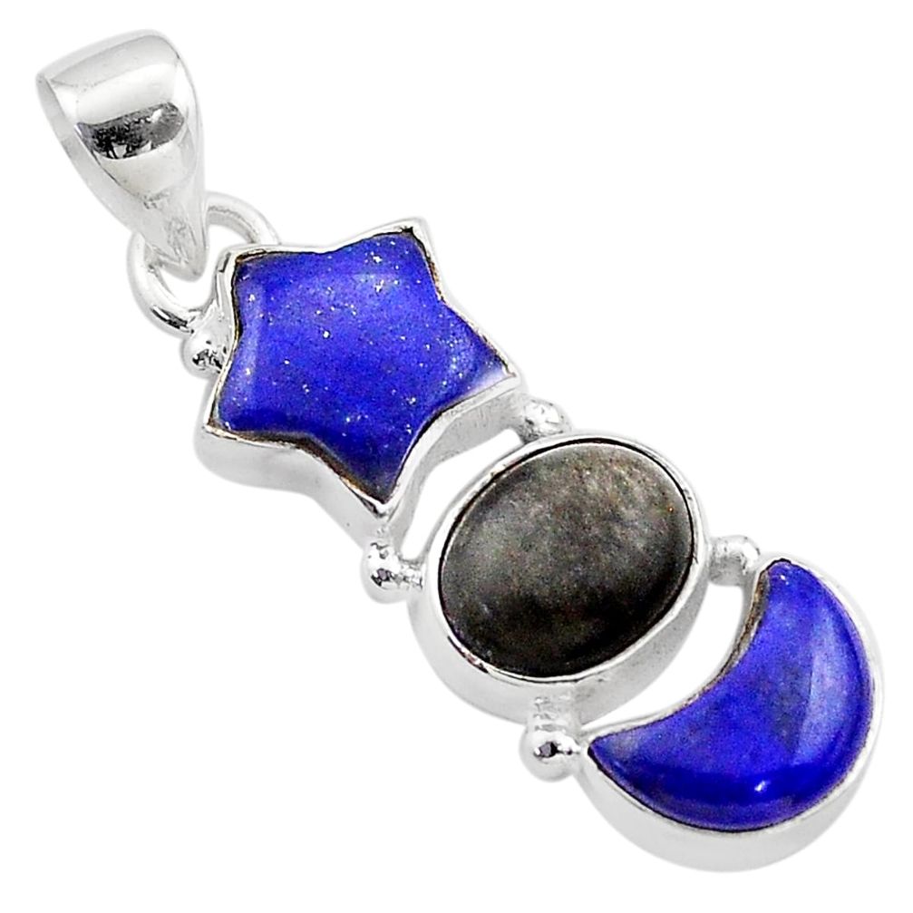 9.27cts star moon lapis lazuli sheen black obsidian 925 silver pendant t68986