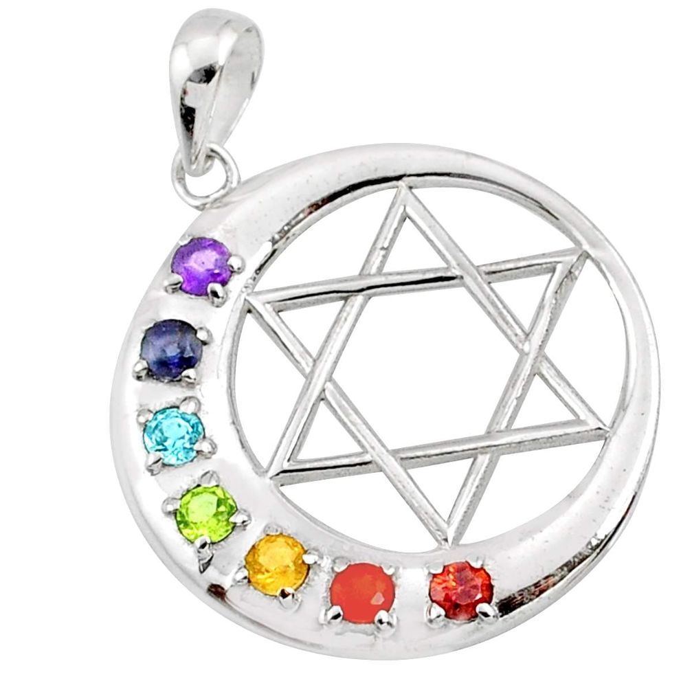 Star of david moon natural gems healing energy 925 silver chakra pendant r65373