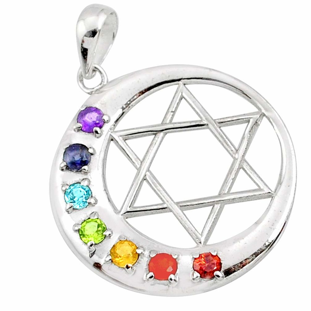 Star of david moon natural gems healing energy 925 silver chakra pendant r65376