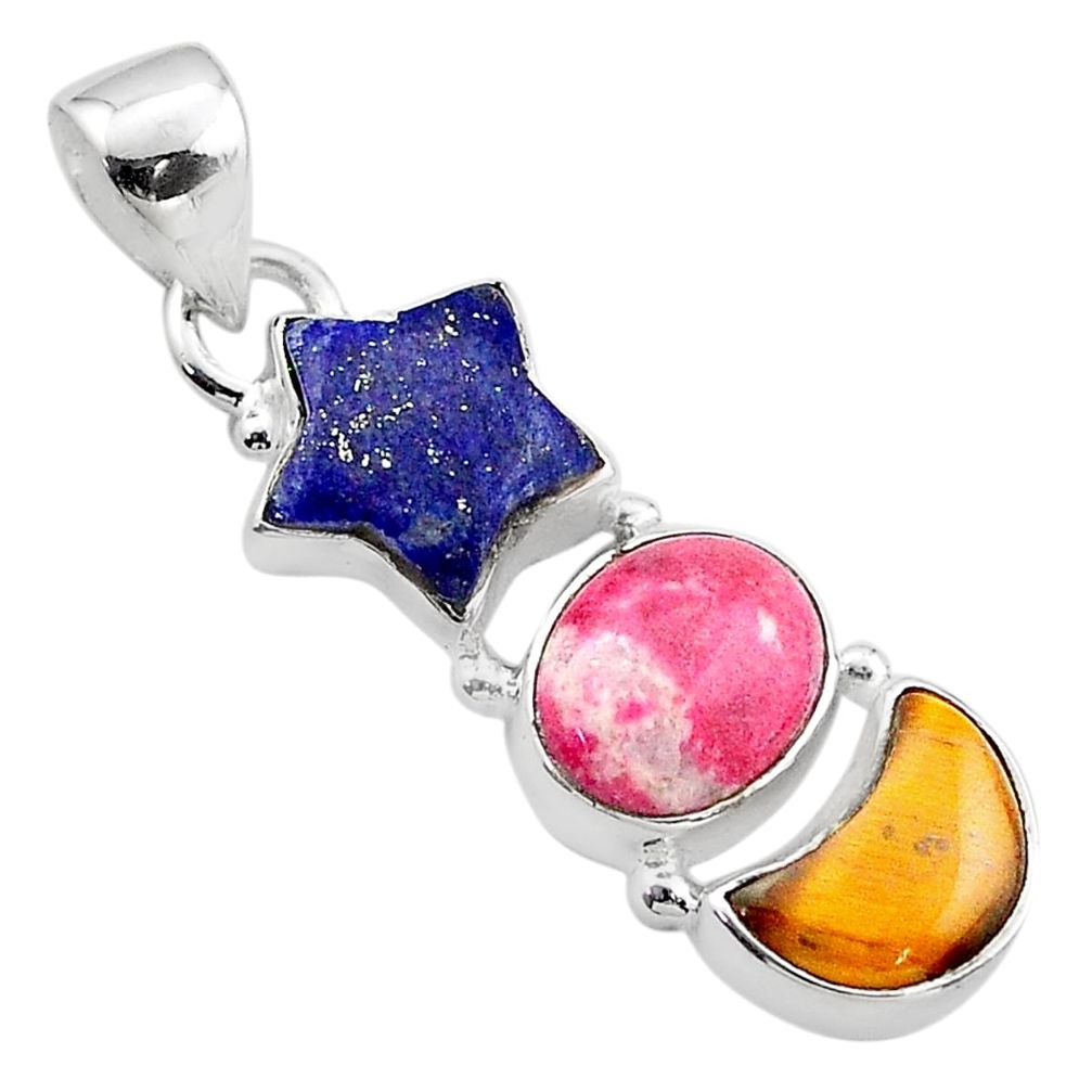 9.80cts star with moon blue lapis lazuli thulite tiger eye silver pendant t68981