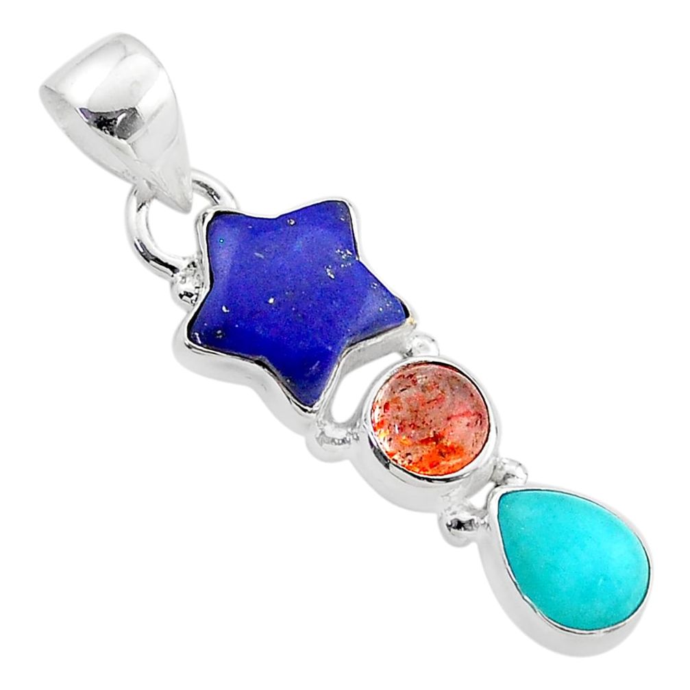 7.17cts star with moon lapis lazuli sunstone amazonite 925 silver pendant t68988