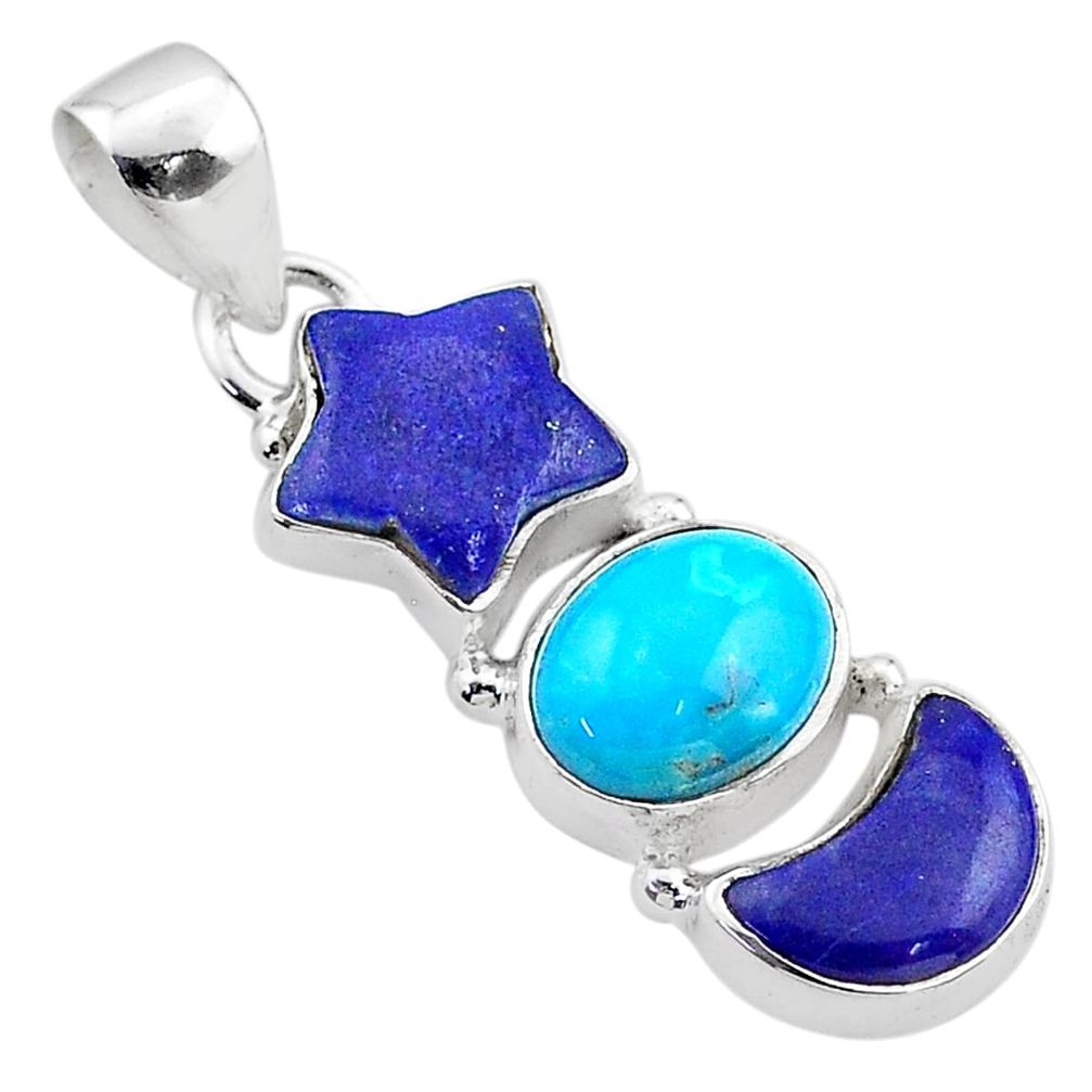 8.87cts star with moon natural lapis lazuli chrysocolla silver pendant t68994