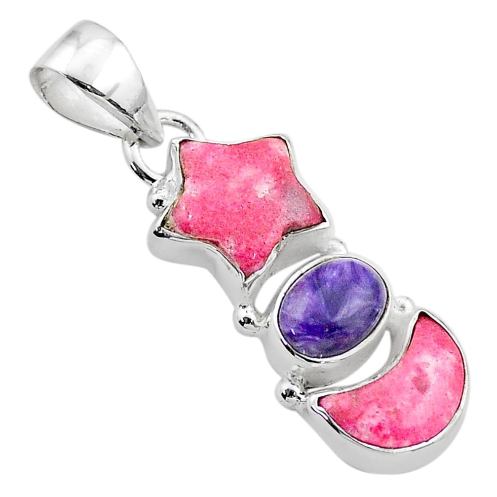 8.87cts star with moon natural pink thulite charoite 925 silver pendant t69129
