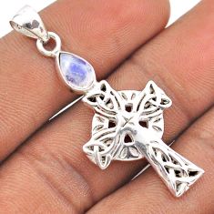 Sterling silver 2.01cts natural rainbow moonstone celtic cross pendant t88877