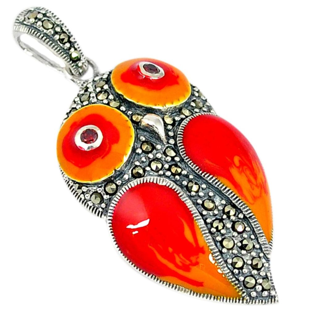 925 sterling silver natural red garnet marcasite enamel owl pendant c16443