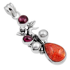 10.33cts sunstone (hematite feldspar) pearl garnet silver angel pendant n24652