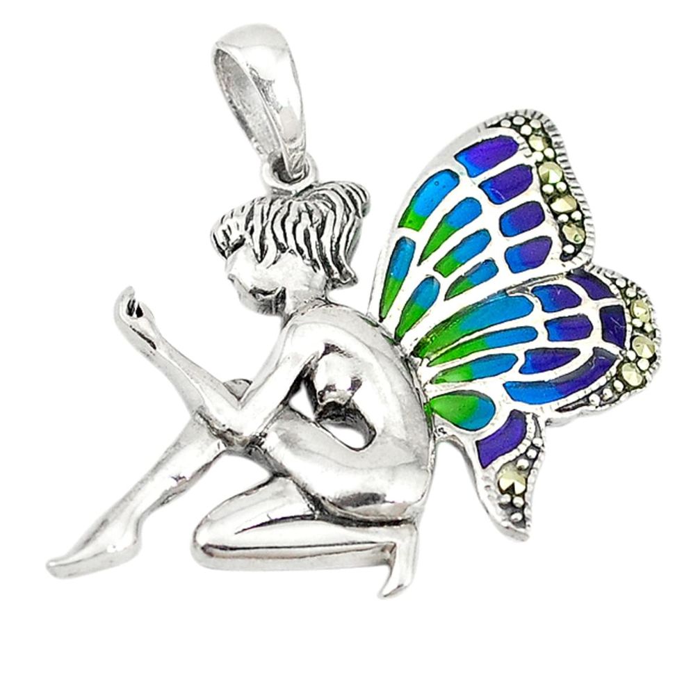 Swiss marcasite enamel 925 sterling silver angel pendant jewelry c20897