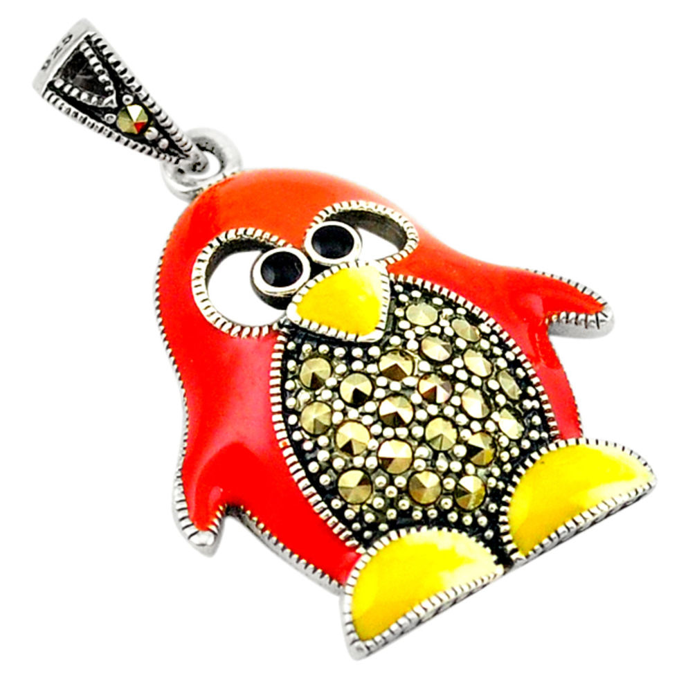 Swiss marcasite enamel 925 sterling silver penguin pendant jewelry c21870