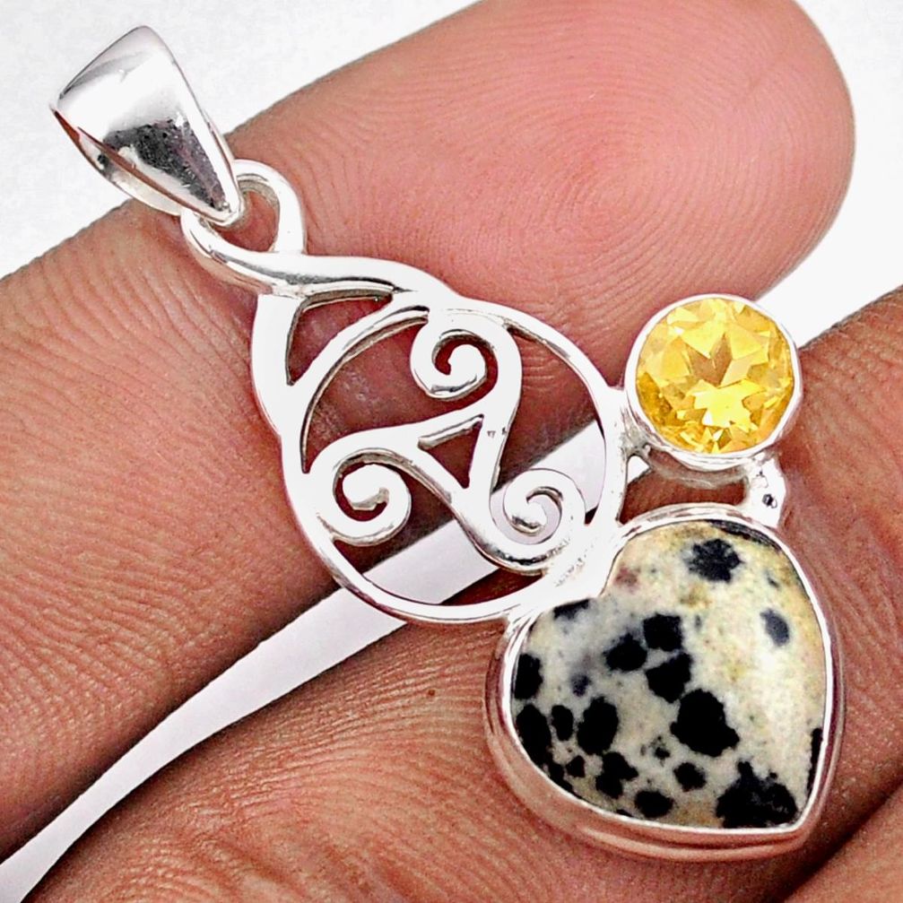 6.83cts triskelion knot natural brown dalmatian citrine silver pendant u1503