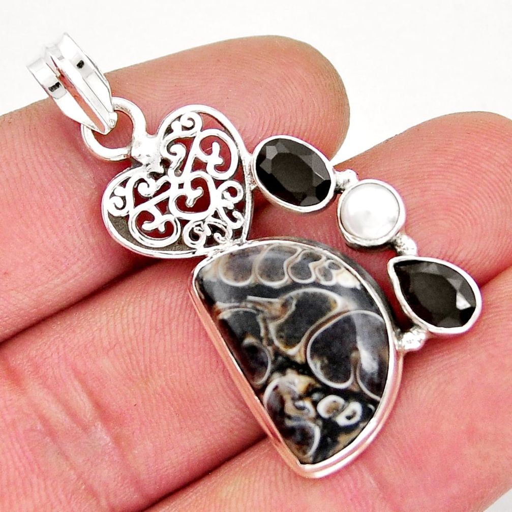 16.46cts turritella fossil snail agate onyx pearl silver heart pendant y21341