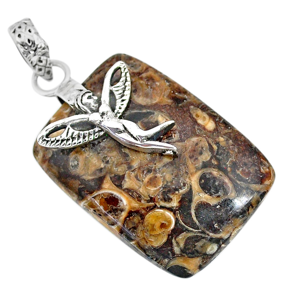 29.77cts turritella fossil snail agate silver angel wings fairy pendant r91261