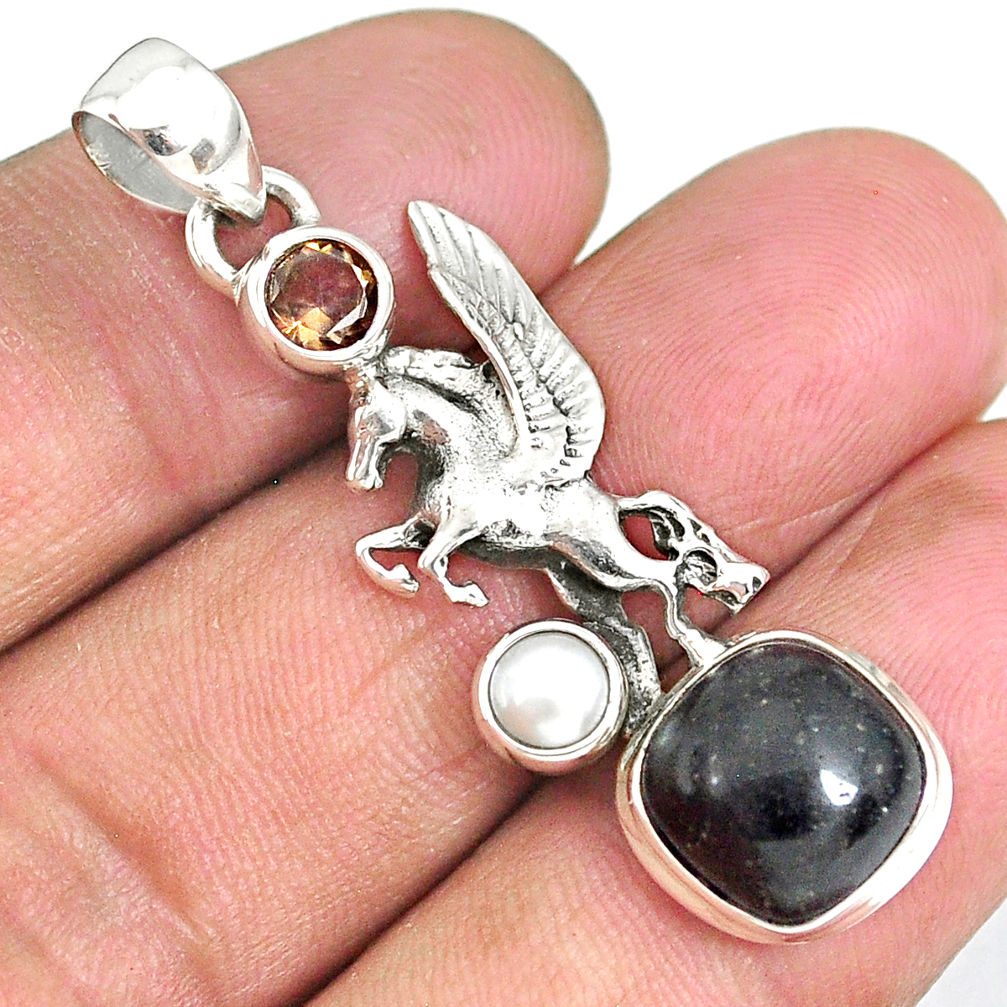 7.90cts unicorn black honduran matrix opal smoky topaz 925 silver pendant r90318