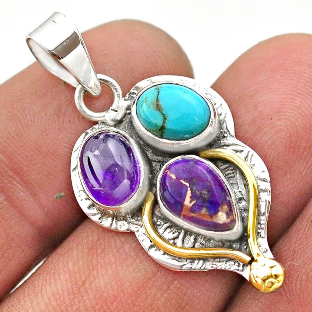 6.66cts victorian amethyst copper turquoise 925 silver two tone pendant t74138