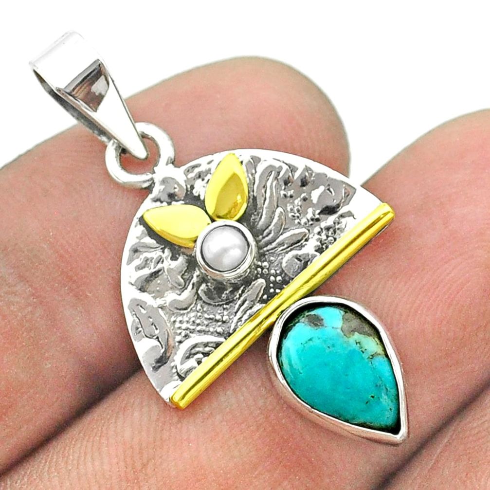 2.60cts victorian blue arizona mohave turquoise silver two tone pendant t56029