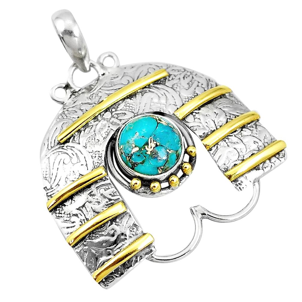4.57cts victorian blue copper turquoise 925 silver two tone pendant p10686