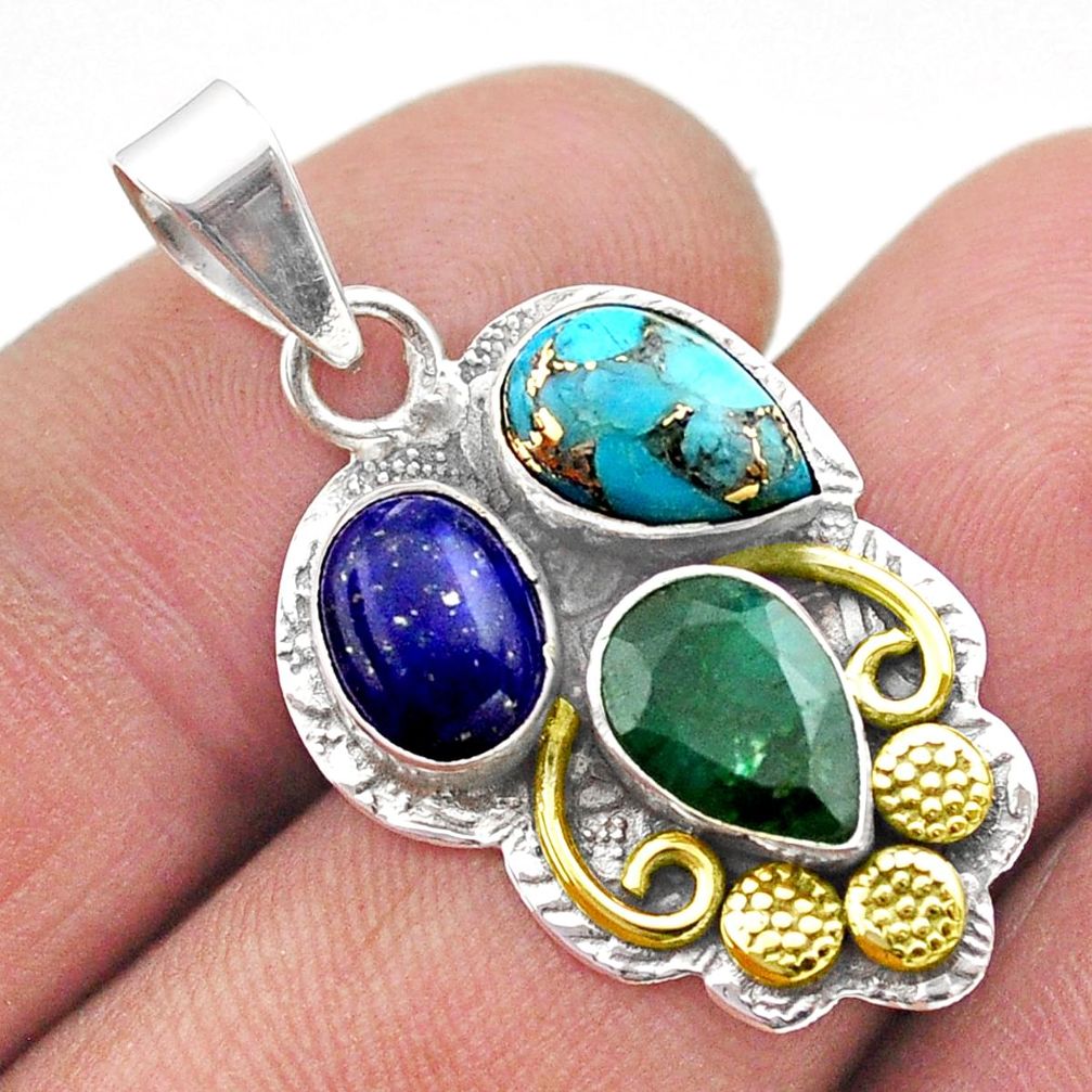 7.04cts victorian emerald lapis copper turquoise silver two tone pendant t74263