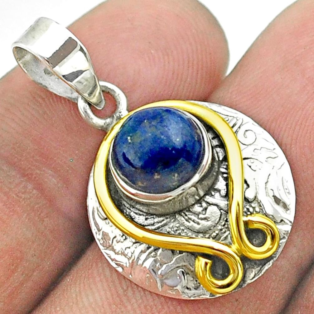 3.26cts victorian natural blue lapis lazuli 925 silver two tone pendant t55798