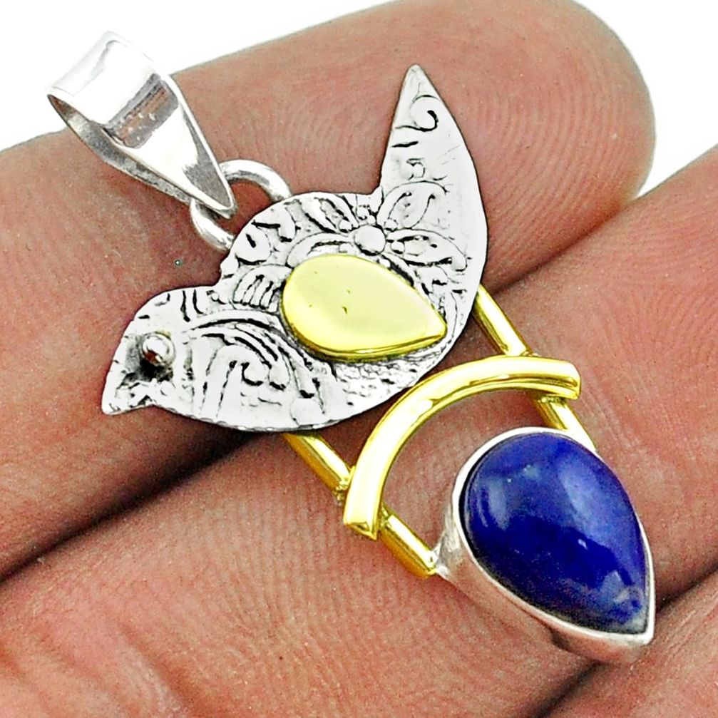 2.44cts victorian natural blue lapis lazuli 925 silver two tone pendant t55810