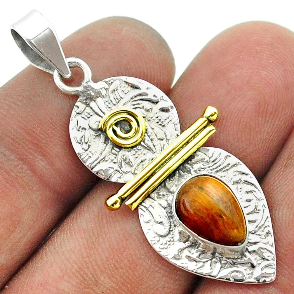 2.50cts victorian natural brown tiger's eye 925 silver two tone pendant t55738