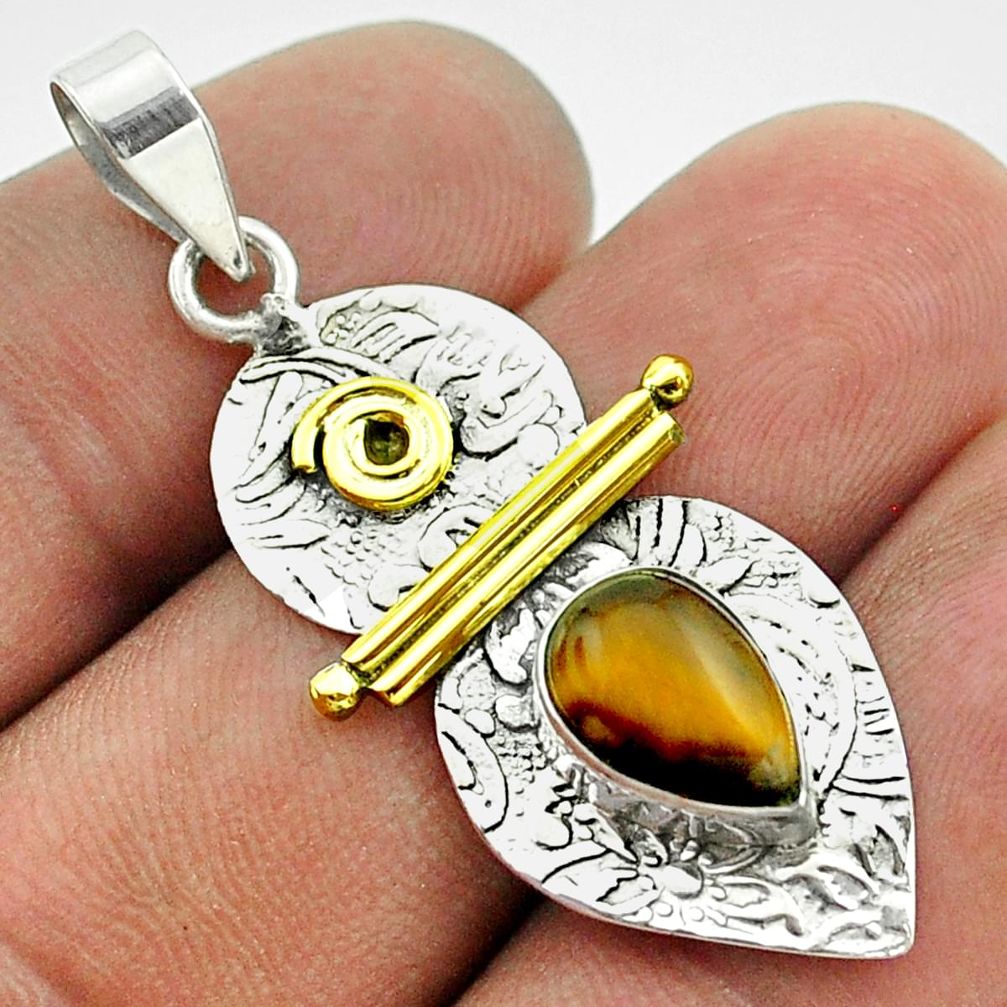 2.52cts victorian natural brown tiger's eye 925 silver two tone pendant t55751