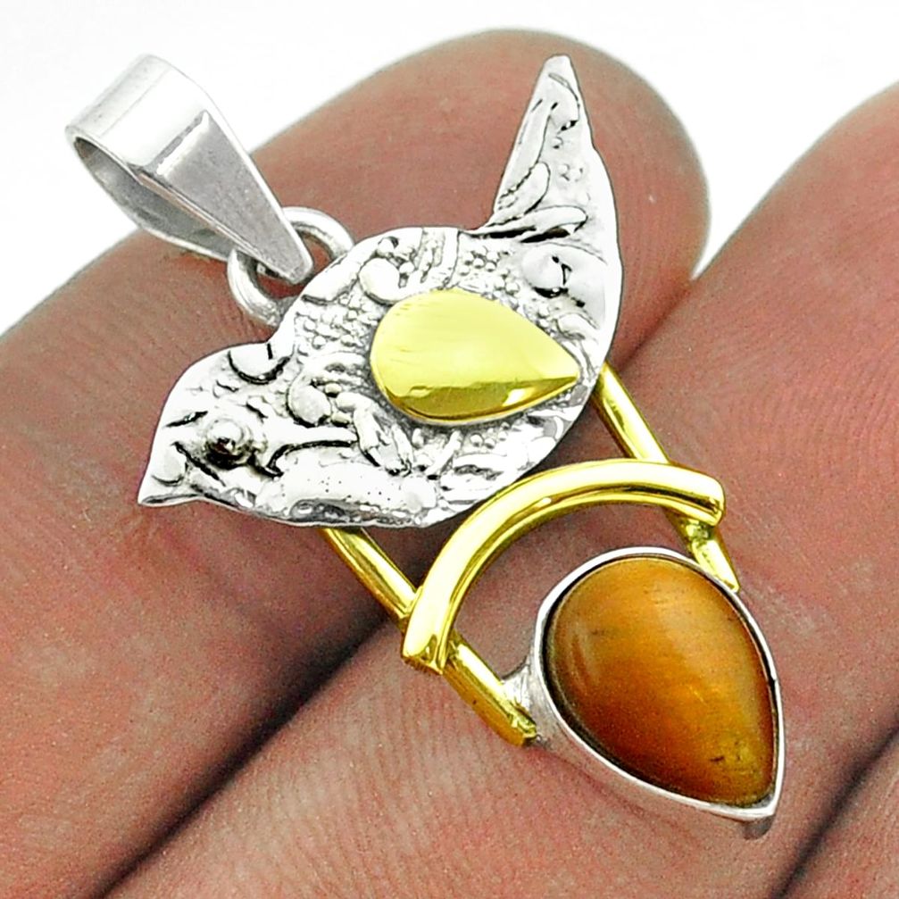 2.44cts victorian natural brown tiger's eye 925 silver two tone pendant t55814