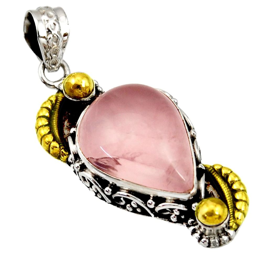 an natural pink rose quartz 925 silver two tone pendant d44067