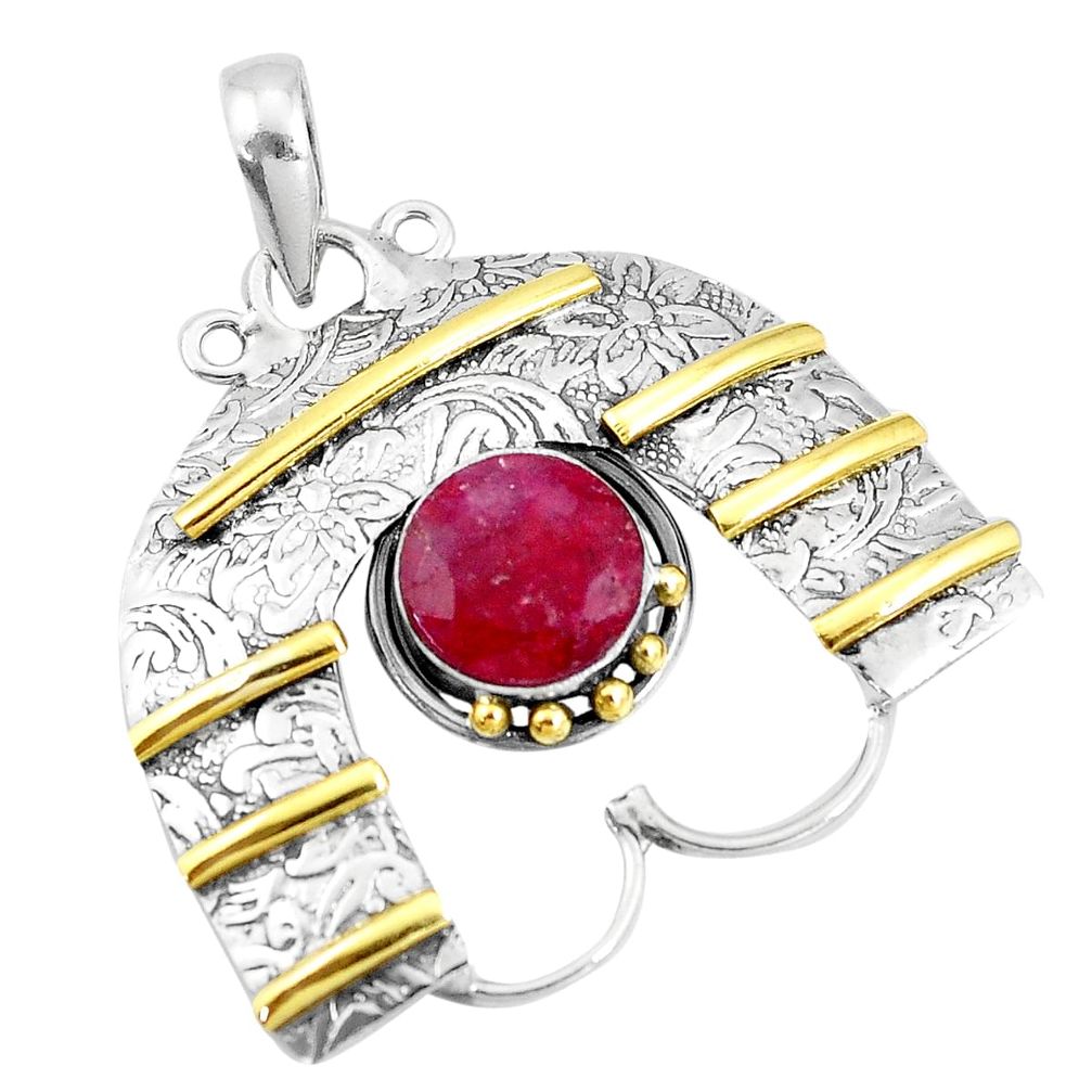 4.56cts victorian natural red ruby 925 sterling silver two tone pendant p10687