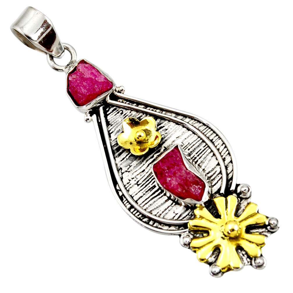 n natural ruby rough 925 silver two tone flower pendant d44029