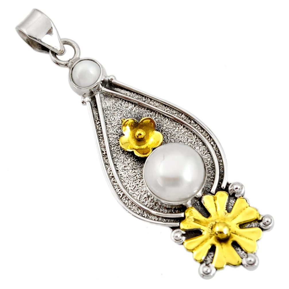 n natural white pearl 925 silver two tone flower pendant d44023