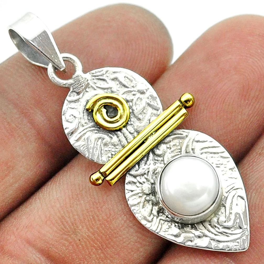 3.01cts victorian natural white pearl 925 silver two tone pendant t55726