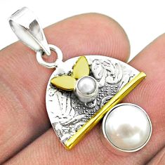 3.51cts victorian natural white pearl round 925 silver two tone pendant t55822