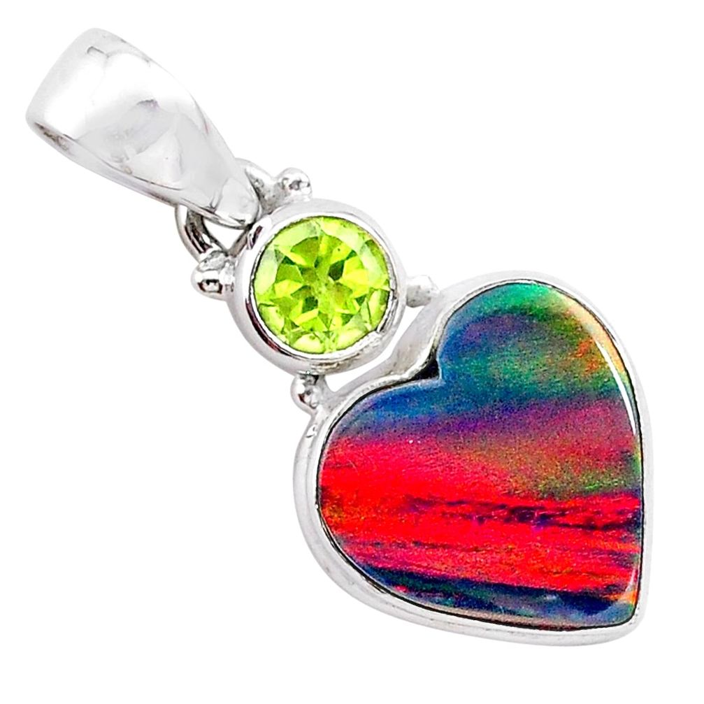 4.82cts volcano aurora opal (lab) heart peridot 925 silver pendant t25935