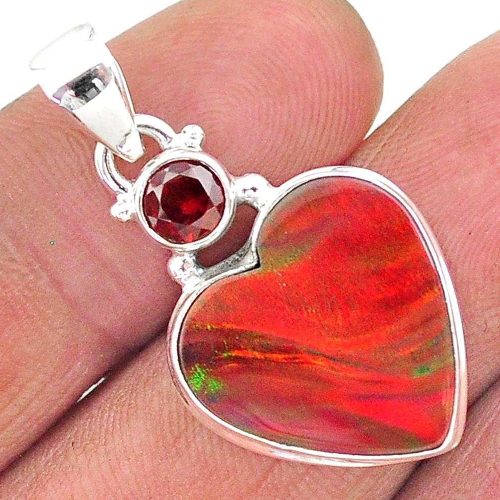 9.22cts volcano aurora opal (lab) heart red garnet 925 silver pendant t16921