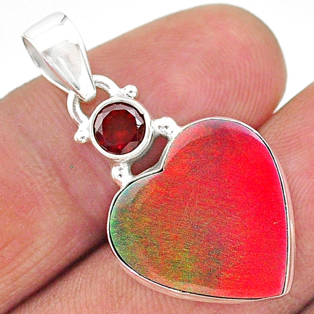 9.68cts volcano aurora opal (lab) heart red garnet 925 silver pendant t16922