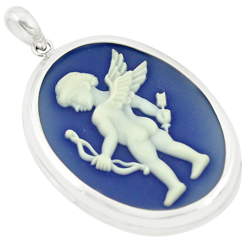 White baby wing with bow cameo 925 sterling silver pendant jewelry c21320