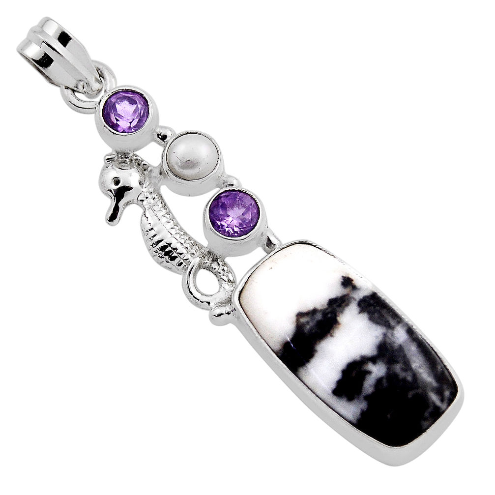 14.21cts white buffalo turquoise amethyst pearl silver seahorse pendant n25273
