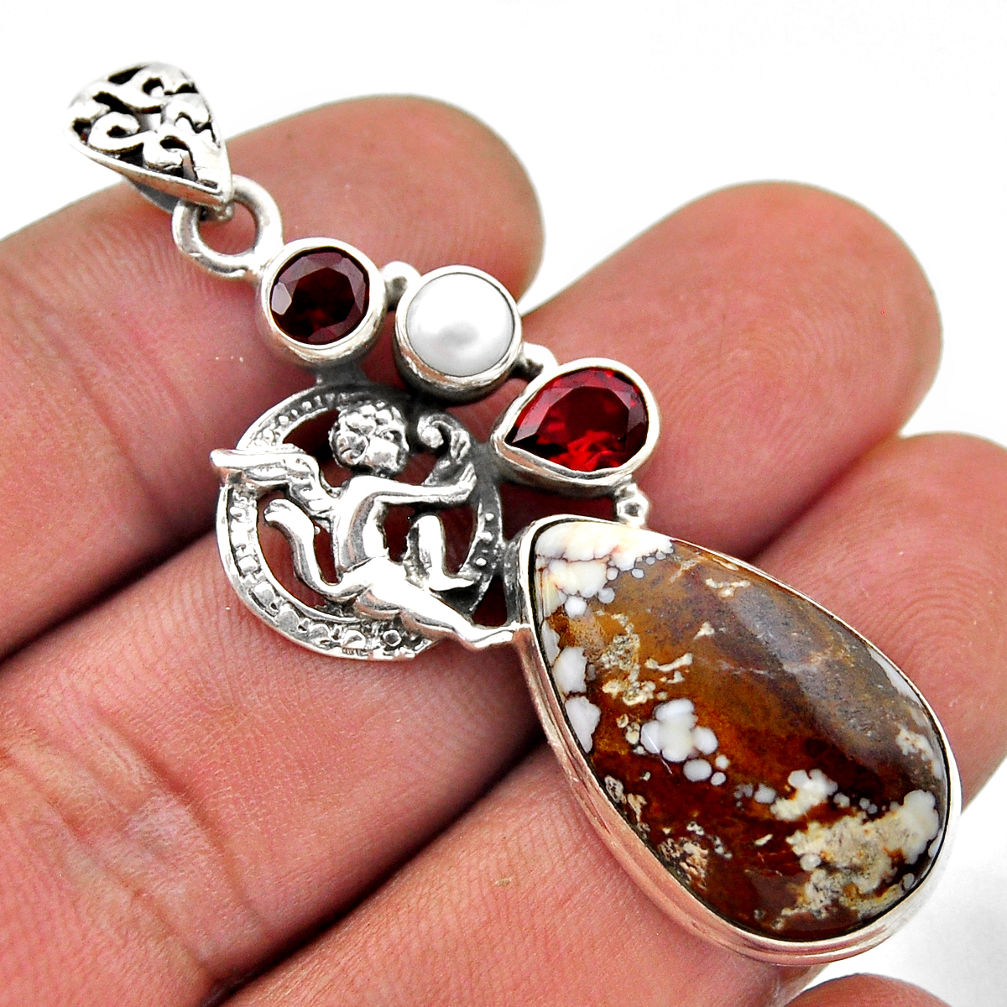 19.76cts white wild horse magnesite garnet pearl 925 silver angel pendant n48121
