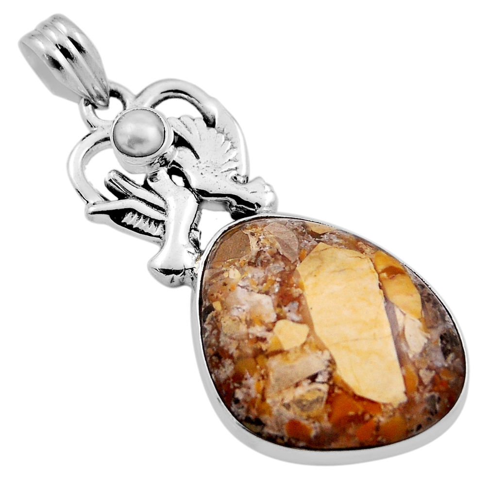 16.46cts yellow brecciated mookaite pearl 925 silver love birds pendant n25245
