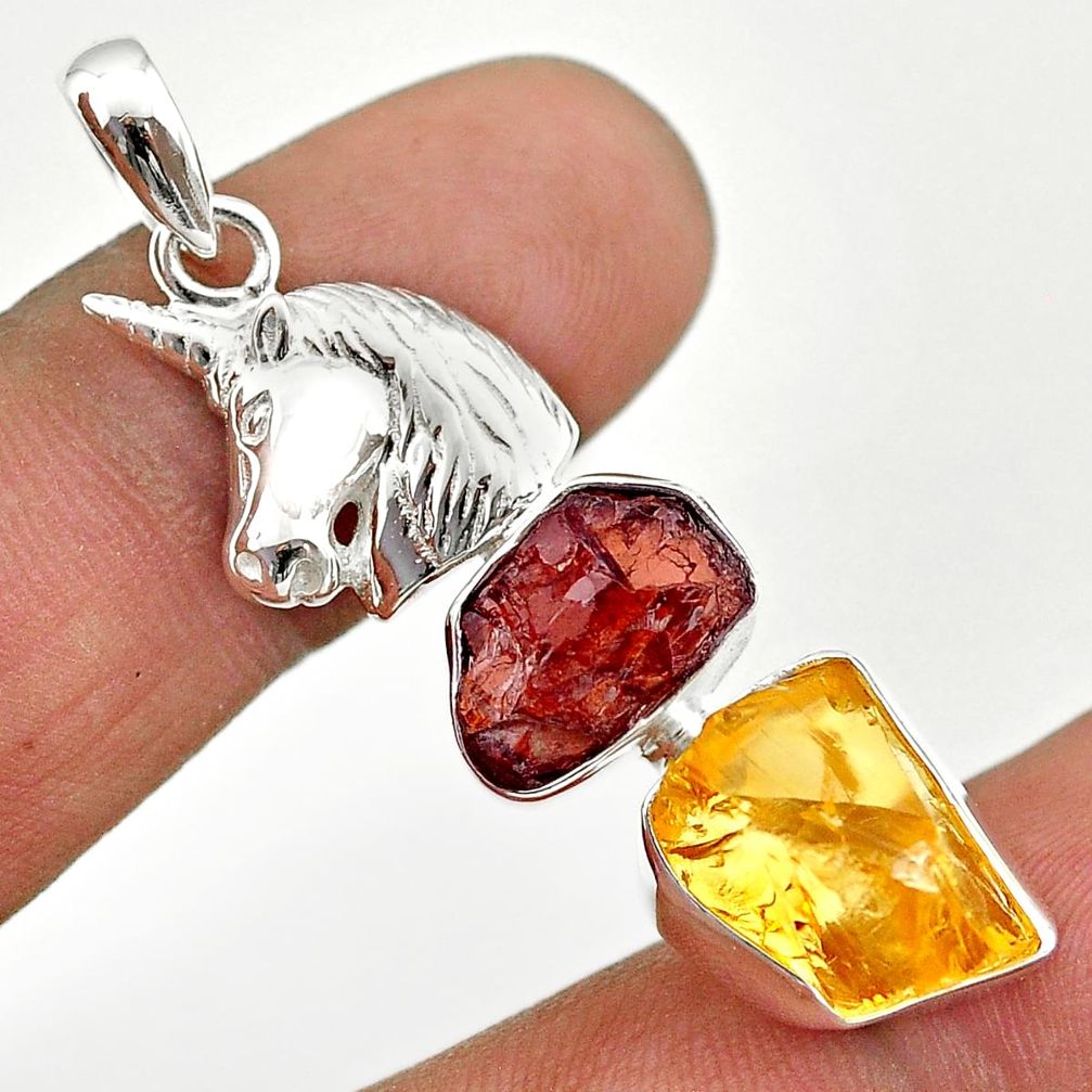 12.00cts yellow citrine red garnet rough 925 silver horse pendant jewelry t69808