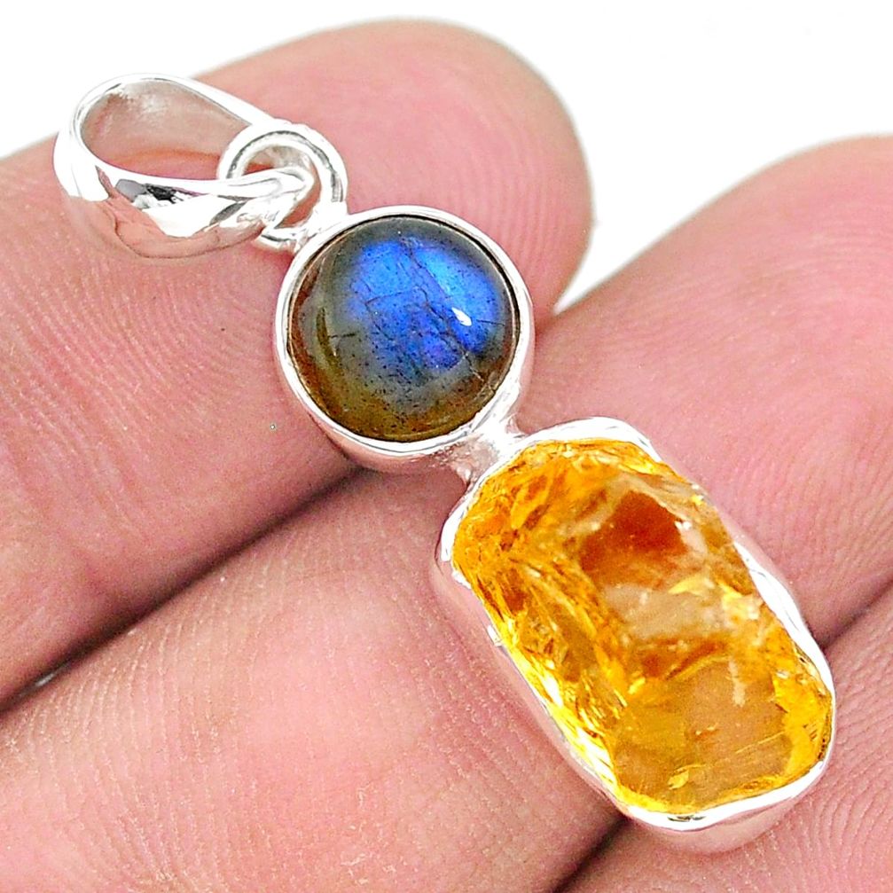 8.73cts yellow citrine raw labradorite 925 sterling silver pendant t25493