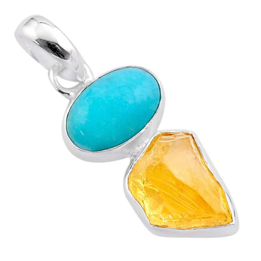 10.18cts yellow citrine raw peruvian amazonite 925 silver pendant t48893