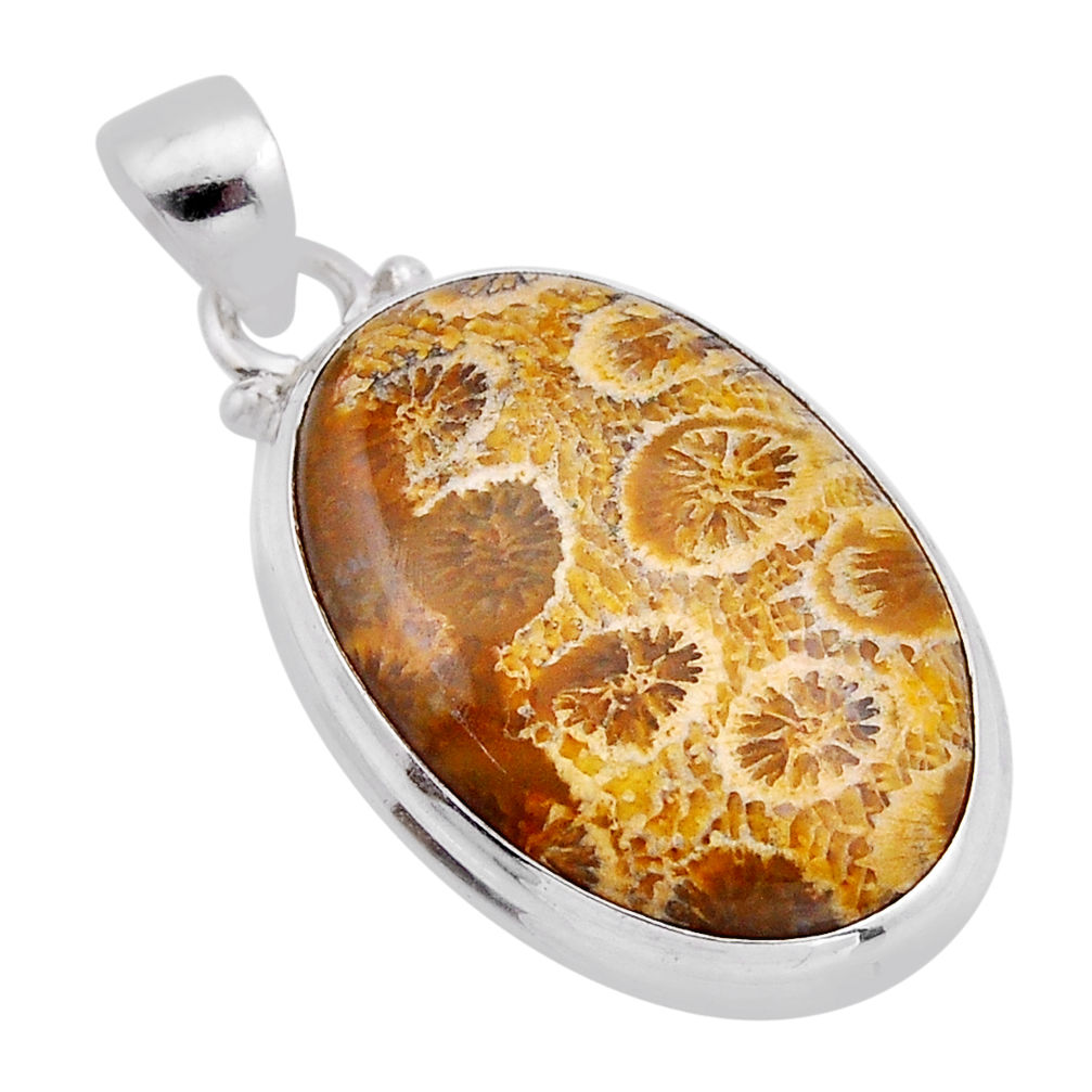 18.19cts yellow fossil coral (agatized) petoskey stone 925 silver pendant n54422