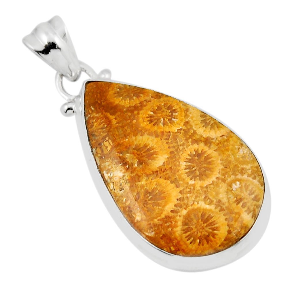 15.53cts yellow fossil coral (agatized) petoskey stone 925 silver pendant y47629