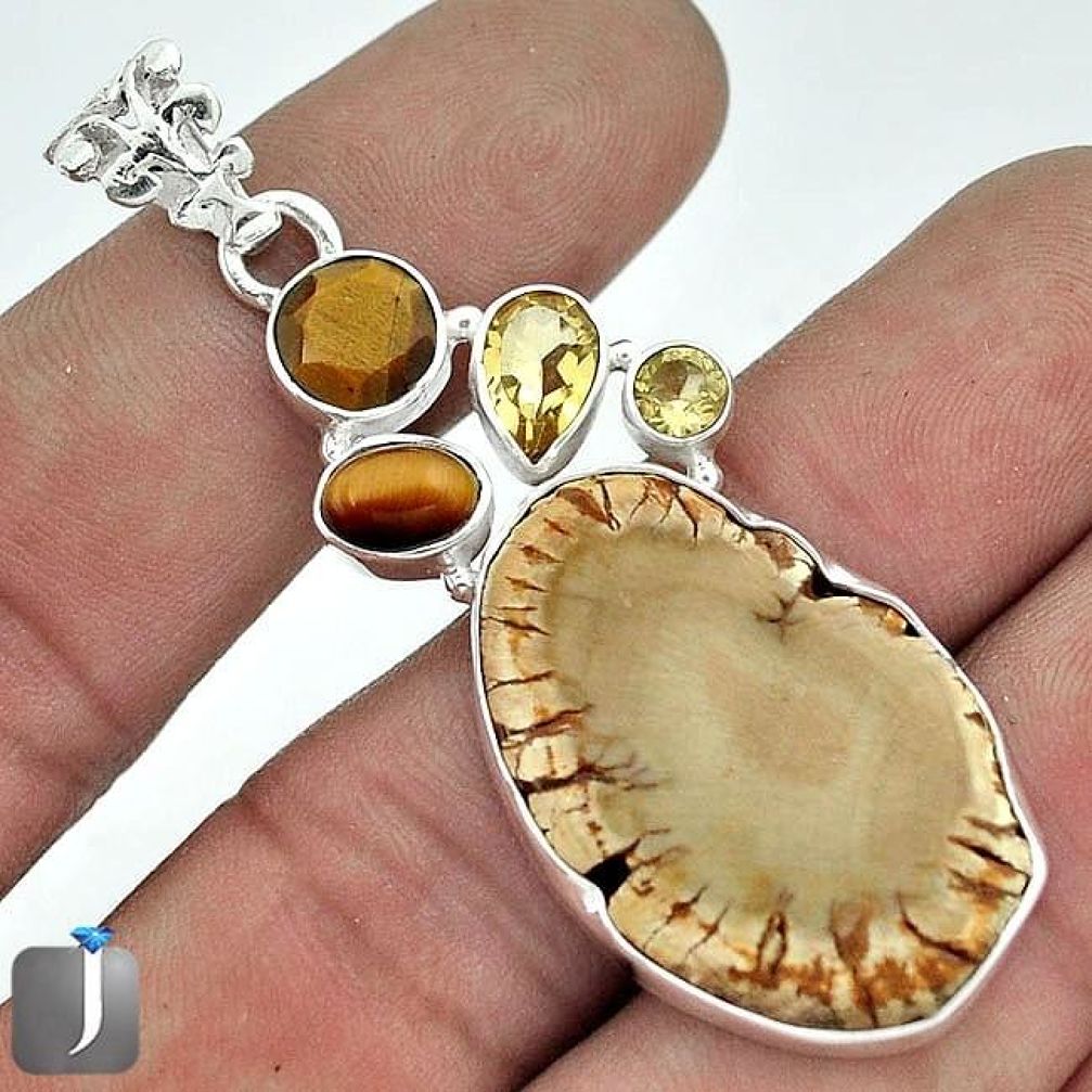 LUXURY NATURAL BROWN PETRIFIED WOOD FOSSIL CITRINE 925 SILVER PENDANT G14640