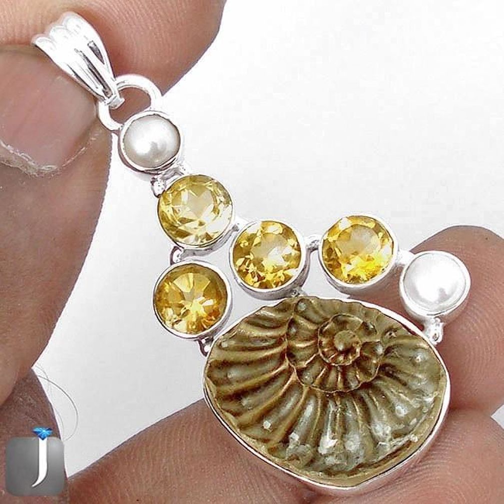 17.38cts LUXURY NATURAL BROWN PYRITE AMMONITE CITRINE 925 SILVER PENDANT G14872