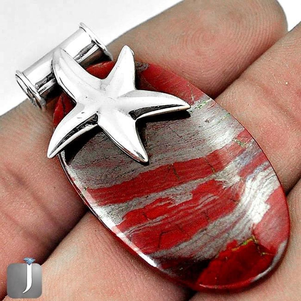 LUXURY NATURAL RED SNAKESKIN JASPER 925 SILVER STAR FISH PENDANT JEWELRY G31212