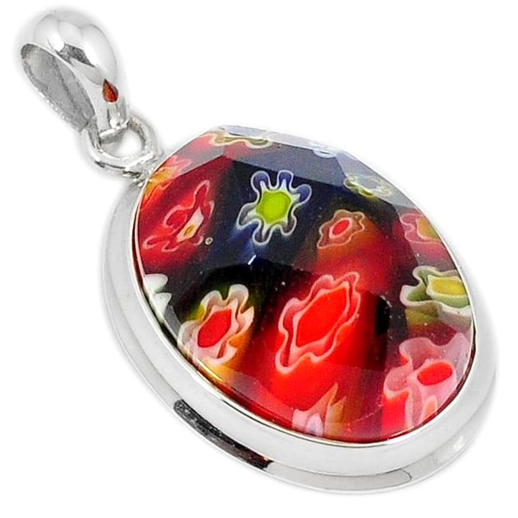 Multi color italian murano flower glass oval 925 sterling silver pendant h53868